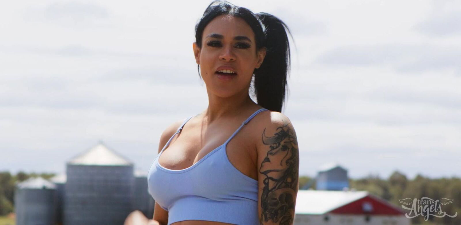 Interracial Outdoor with Busty brunette Shemale Dribble Titties Kenzo Alvarez