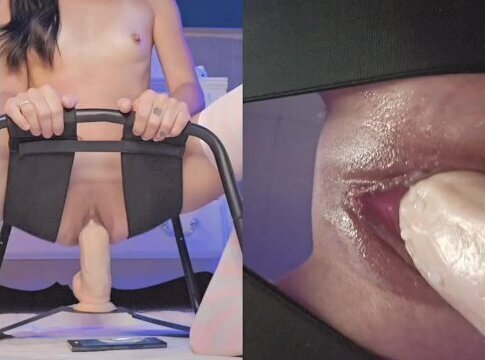 tiny milf trying stay quite while riding giant dildo