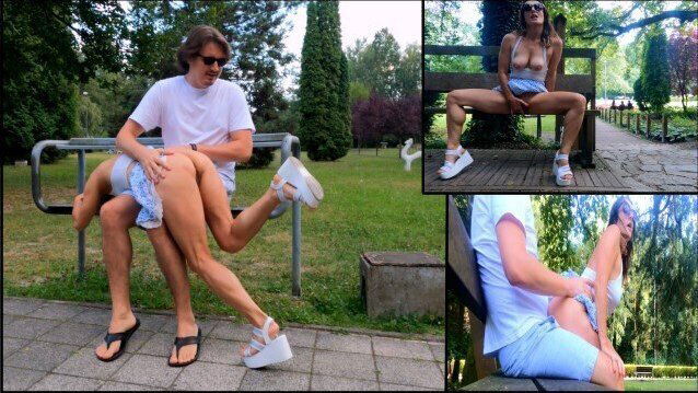 Risky fucking spanked park bench among people