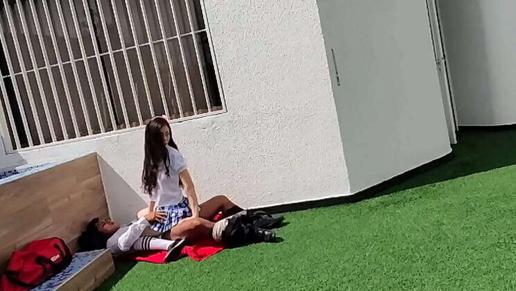 Young Male Students Caught Camera Having School Terrace