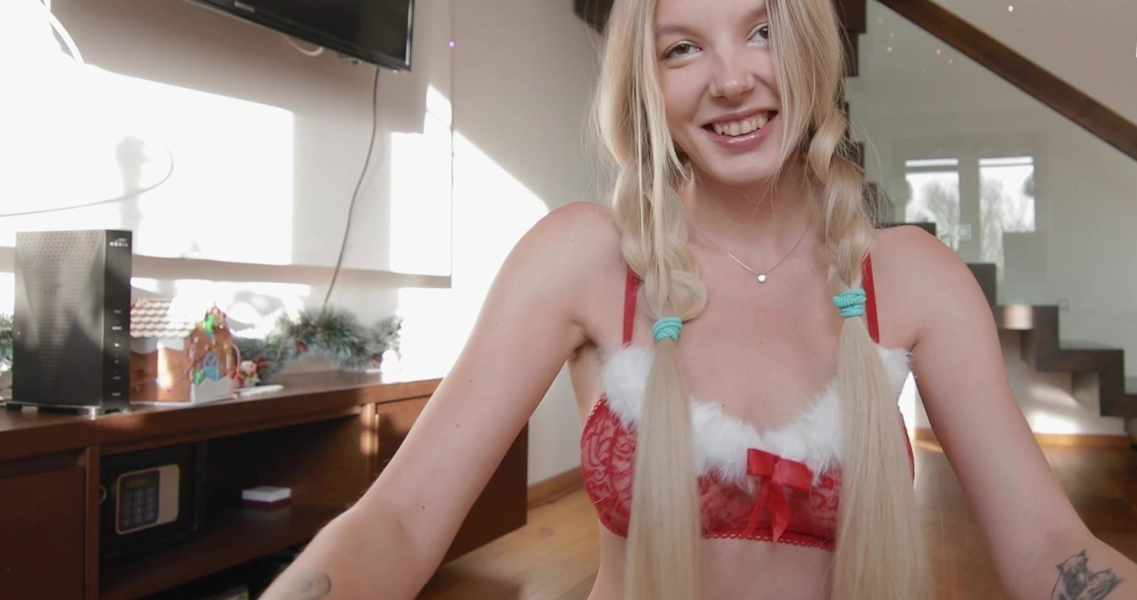 Russian teen gives stepbrother blowjob juicy pussy Christmas