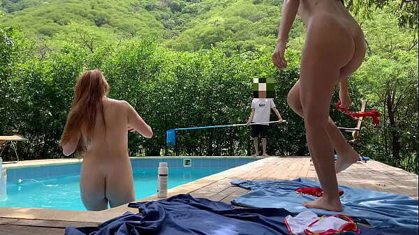 Natasha Megan while cleans pool then swim naked with lucky