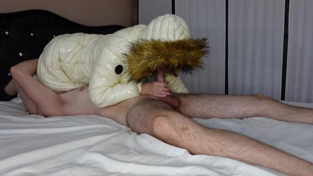 white puffer jacket, oral creampie