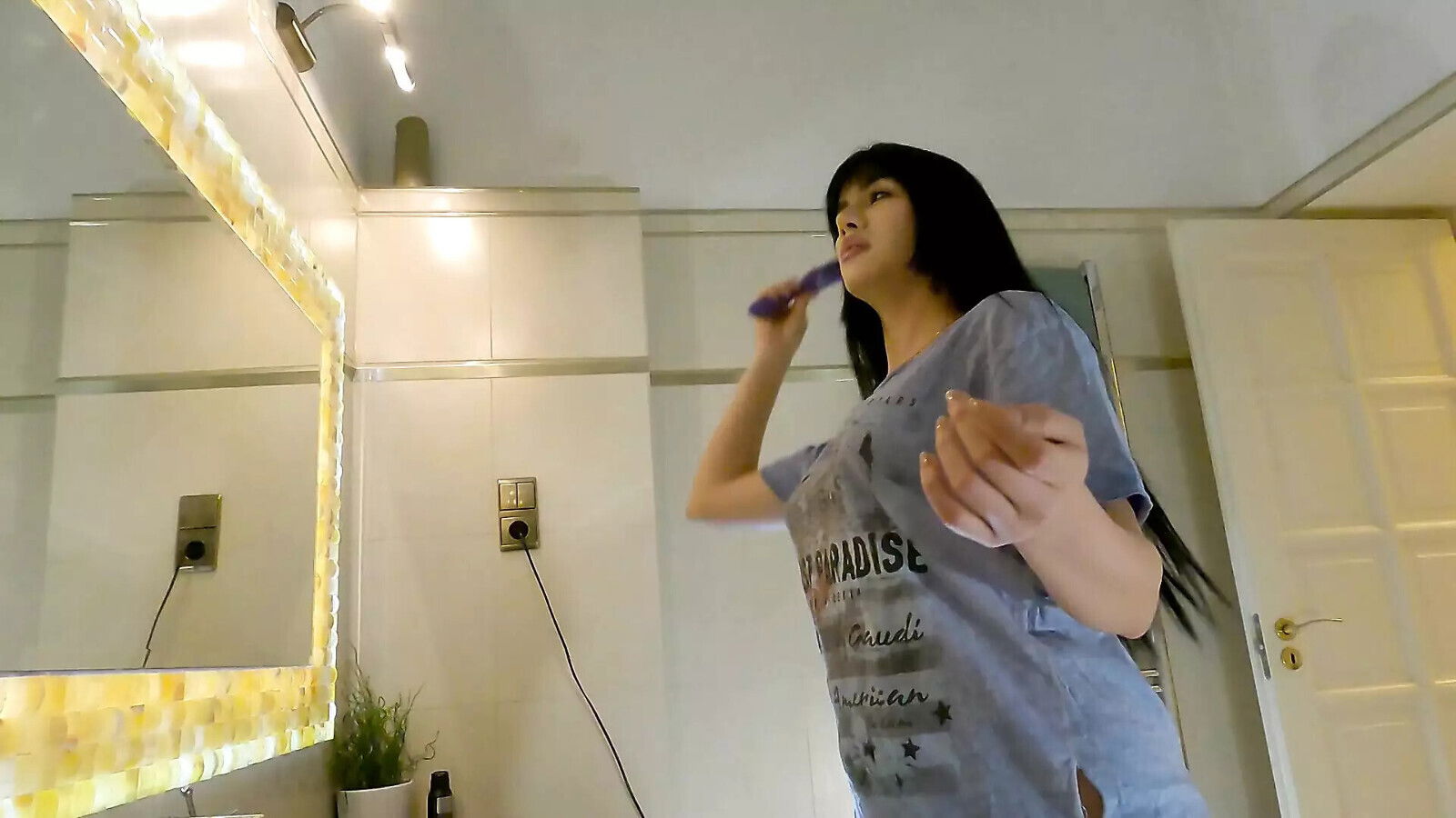 Sexy Super Brunette takes Panties Bathroom