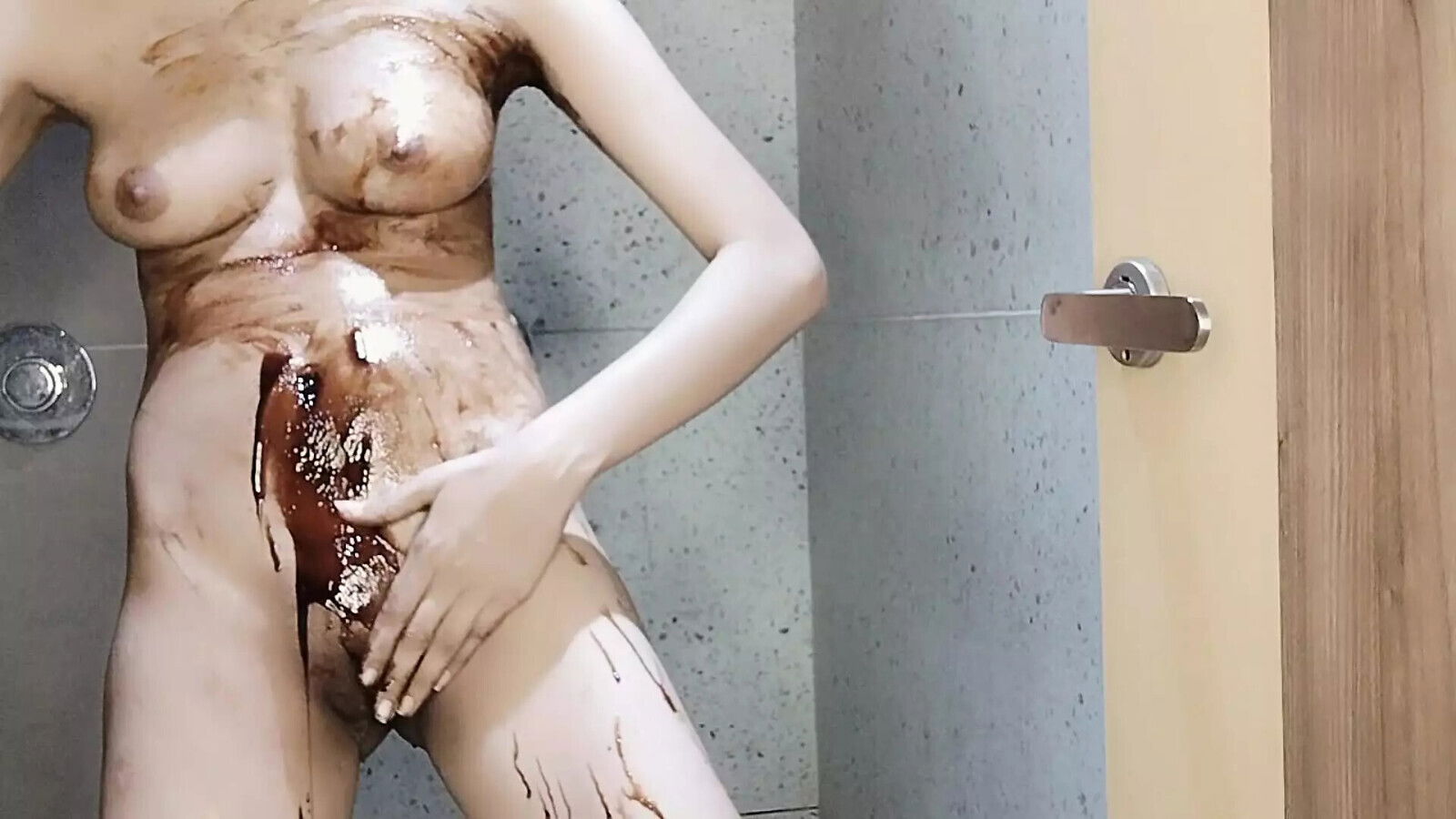 taking shower with dark chocolate body playing foot massage