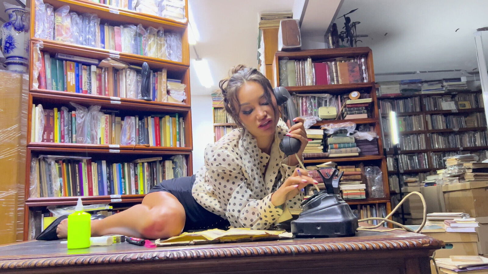 Librarian Monika Hard Fucked with Telephone Handset Dildo with Prolapse Squirt