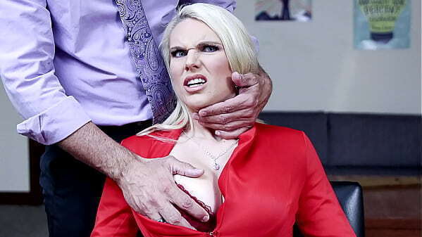 Blonde stepmom Sydny Davis'_ stepdaughter risking expulsion having with another girl, Sydny makes sure principal change mind...