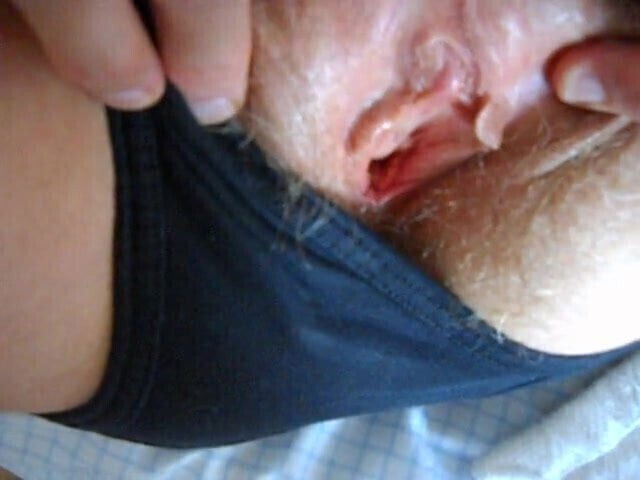 wife parts panties and spreads hairy pussy for cum