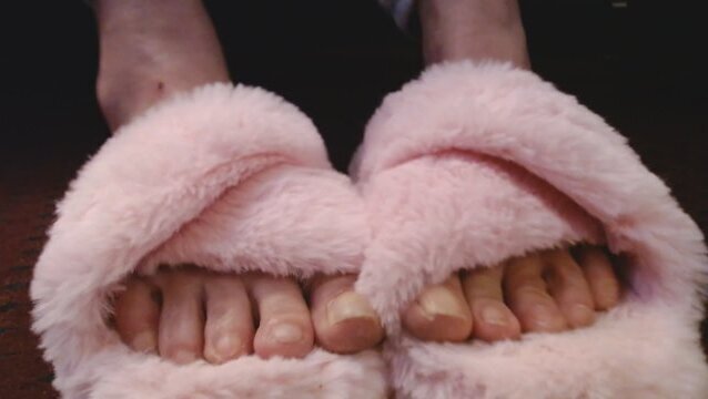 Soft Fuzzy Pink Criss-Cross Slippers Slides Closeup Polish