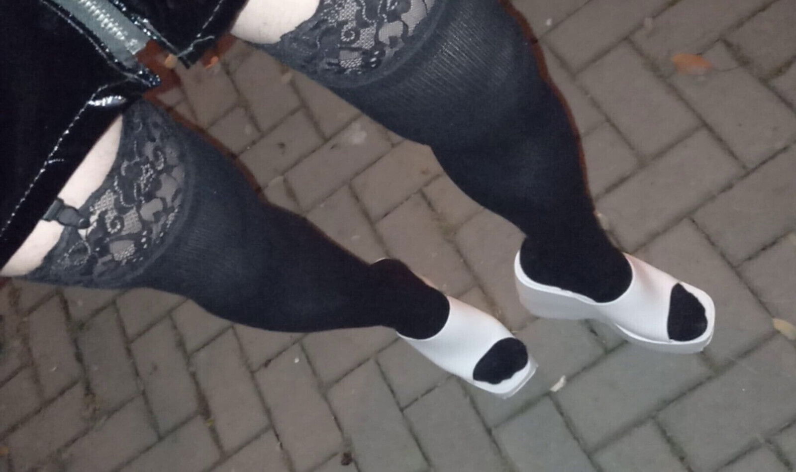 latex mini lace tights with platform wedges