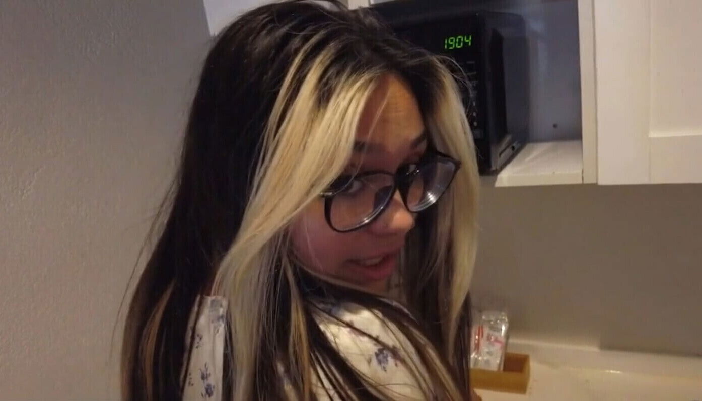 girl glasses knee's inspecting small penis