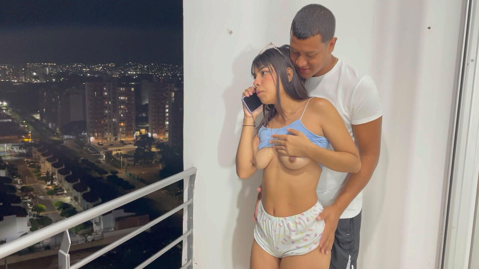 give little stepsister nice fuck balcony while talking boyfriend