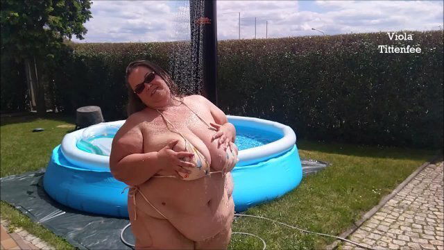 slomo SSBBW with huge natural boobs tiny bikini shower Viola Tittenfee
