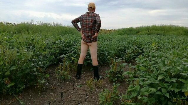 farmer rubber boots masturbates weedy bean field then