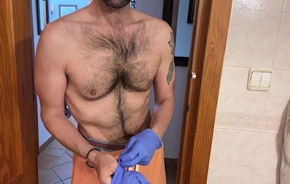 hairy stud strips cums HARD wearing latex gloves
