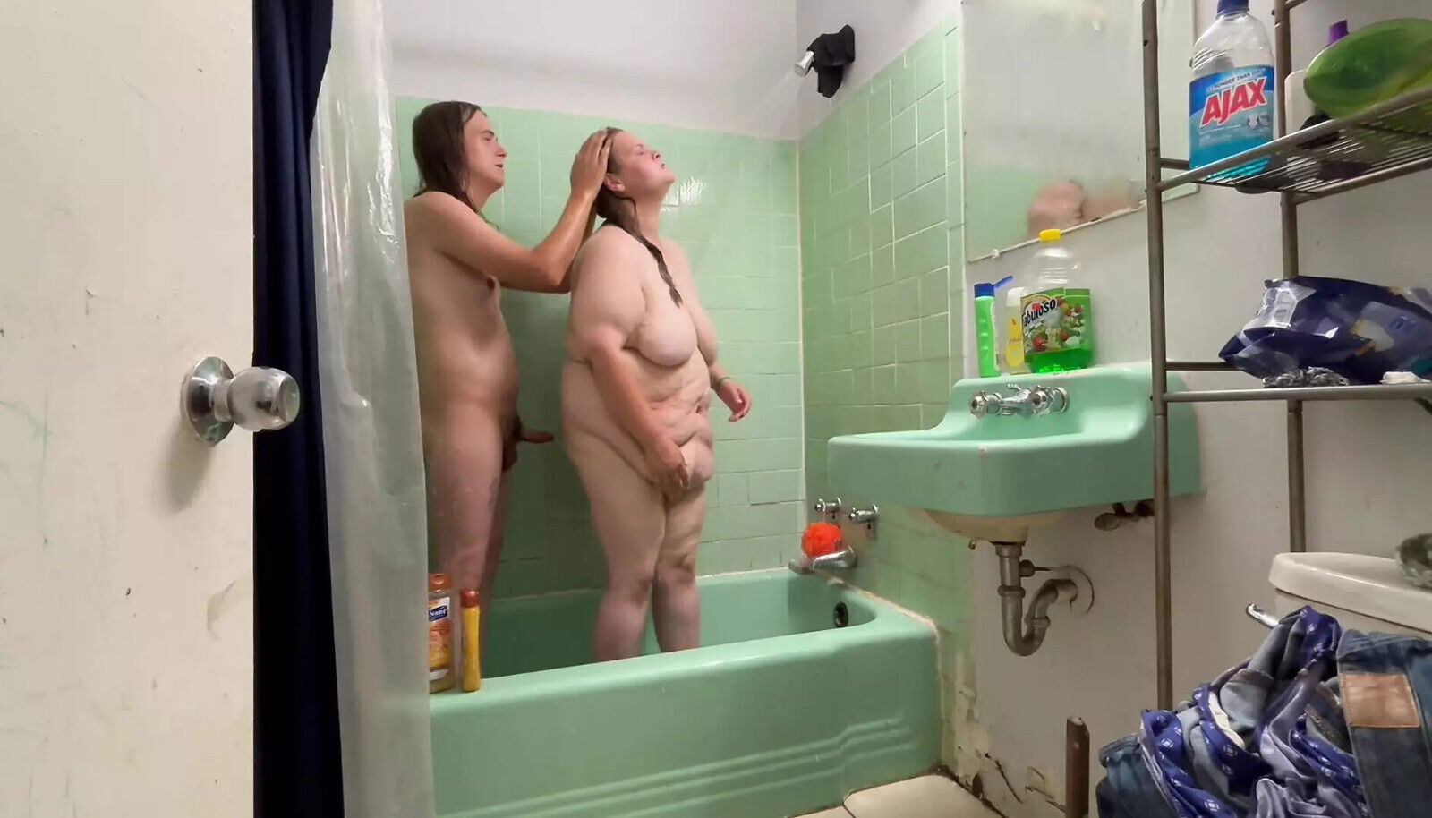 MILF Wife Gets Soapy Shower Washing Each other Eating Pussy