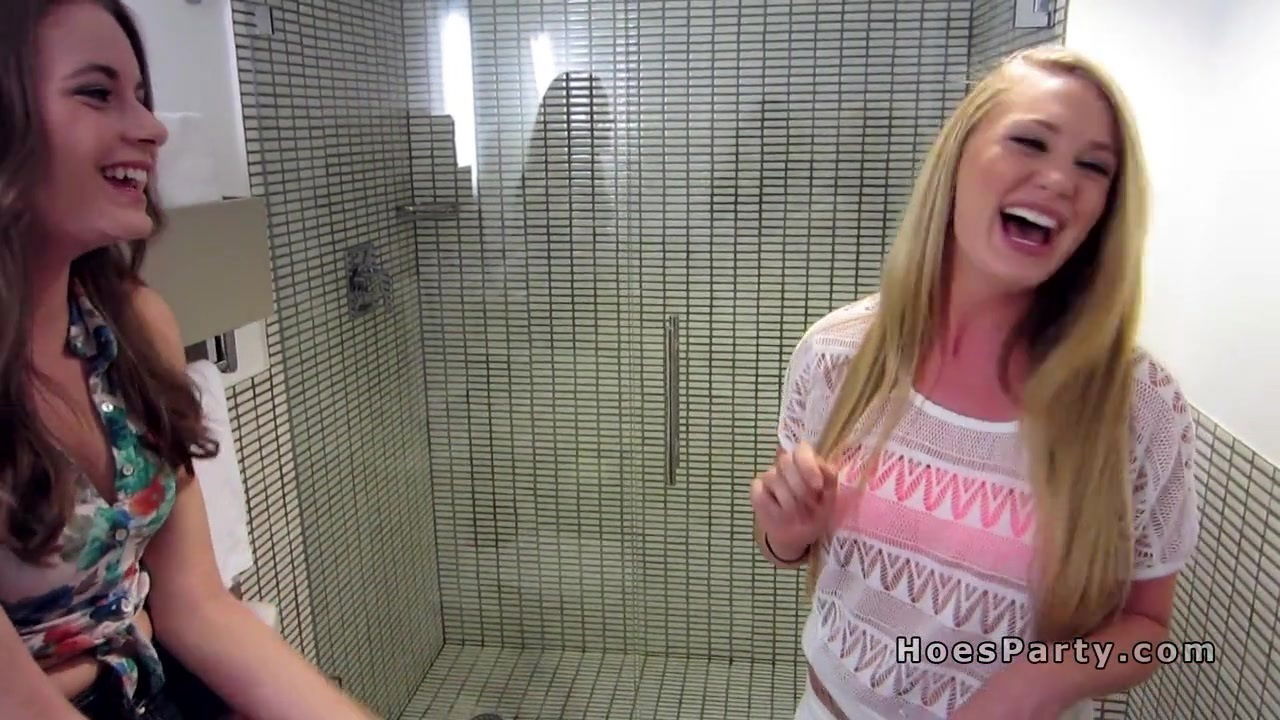 Four babes partying hotel bathroom
