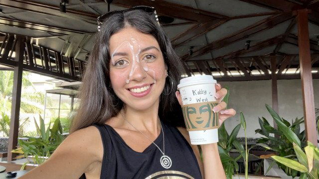 Crazy CUMWALK STARBUCKS Blowjob Public Toilet, Drinking coffee with Sperm
