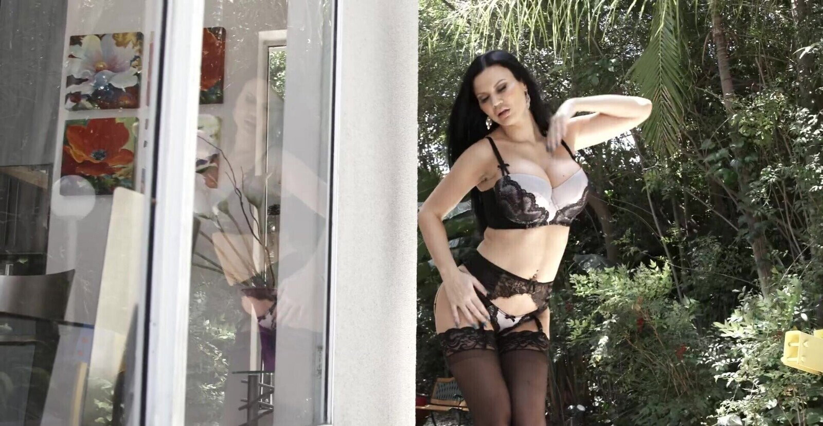 Fake boobs MILF Jasmin black lingerie riding younger lover