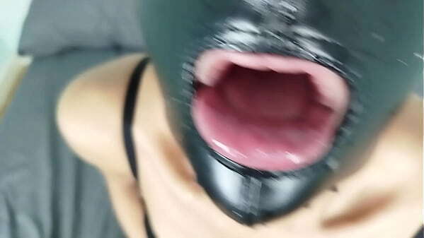 Petty BDSM slut sucking deepthroat slapping spitting face with slave leather mask