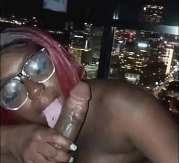 Pretty dark skin girl sucks dick gets facial with great city view