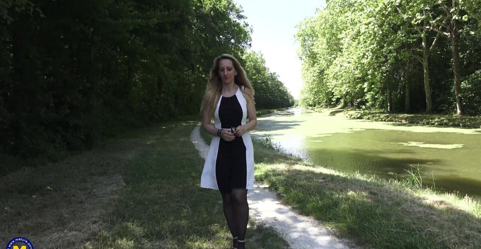 Louise wearing nylon stockings enjoys during