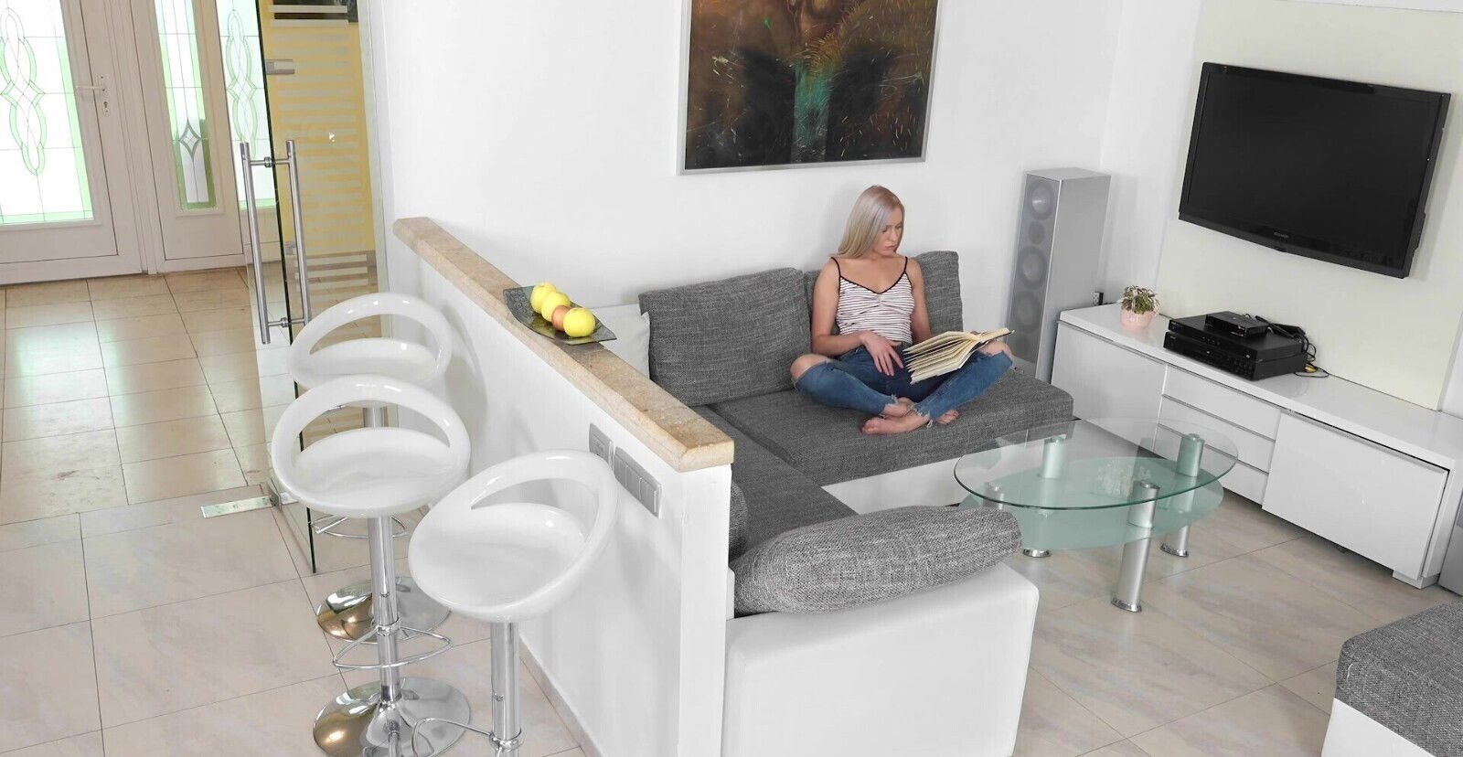 Angelika Grace with natural boobs playing with pink jelly bean