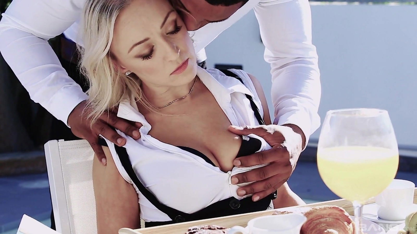 Tattooed black fucks stunning blonde MILF Amber Dean couch