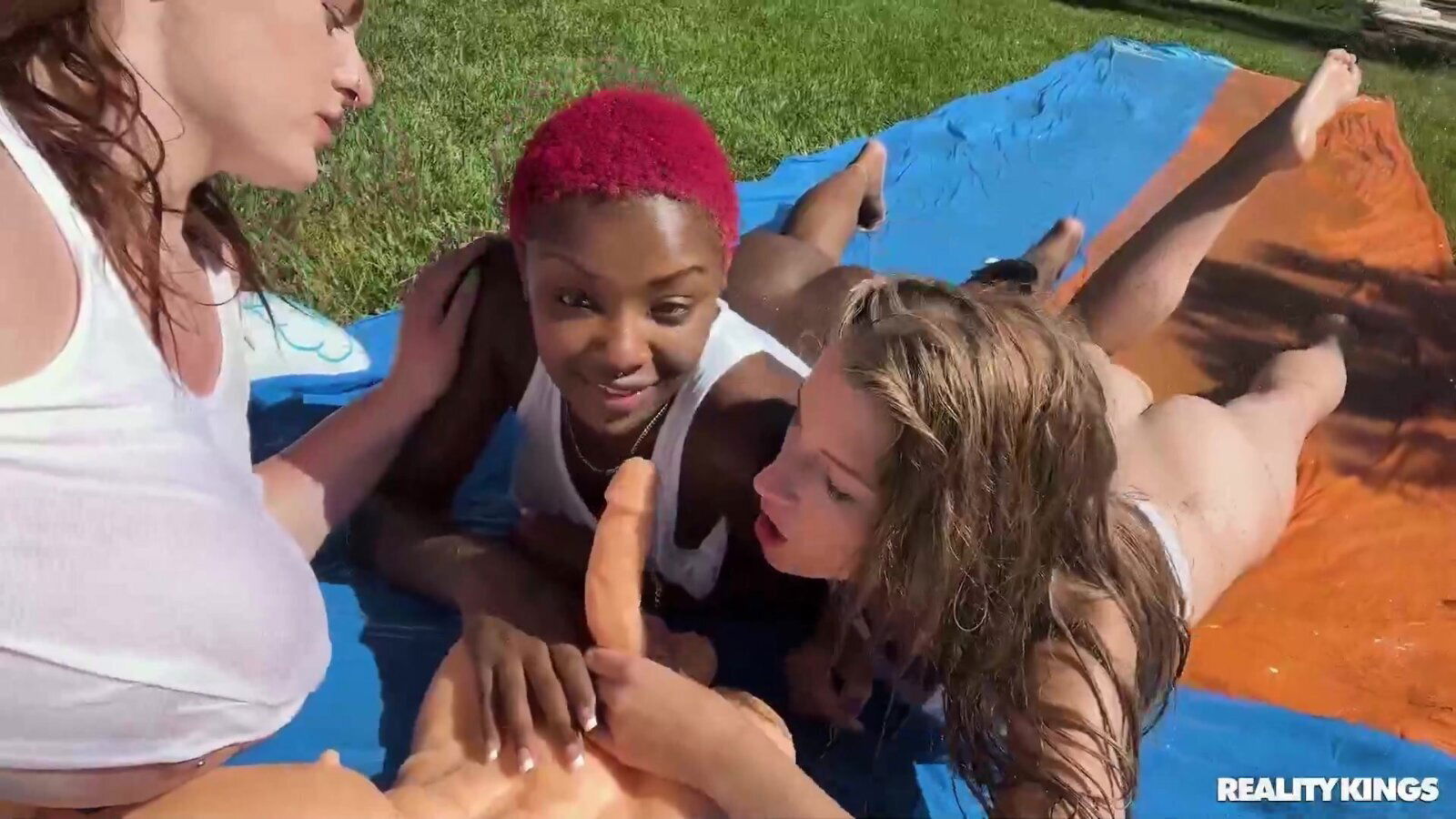 Teen horny lezzies group outdoor scene