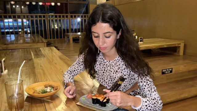 girl's face Public Sushi eats rolls with face Cumwalk