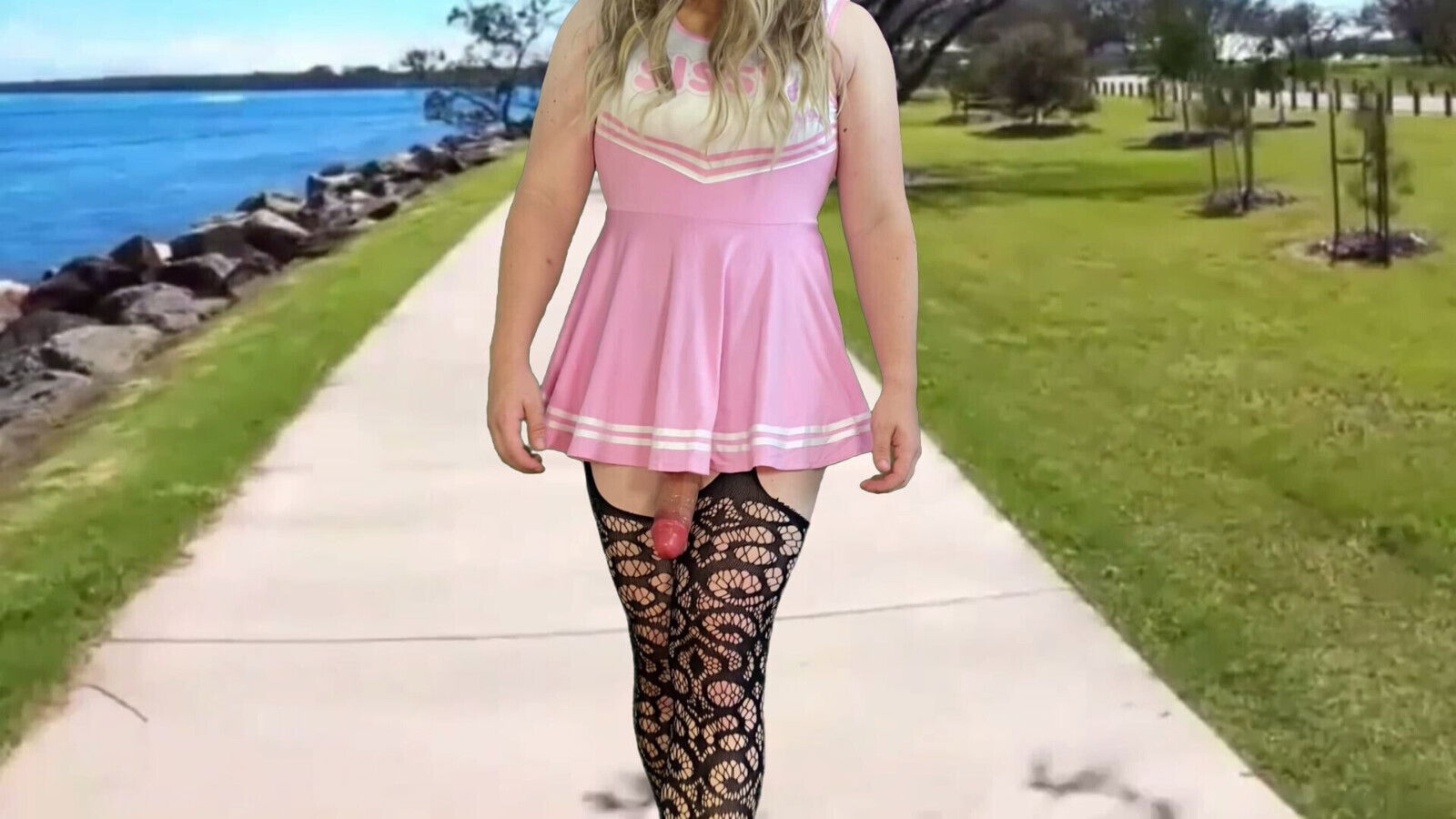 Cheerleader crossdresser public flashing