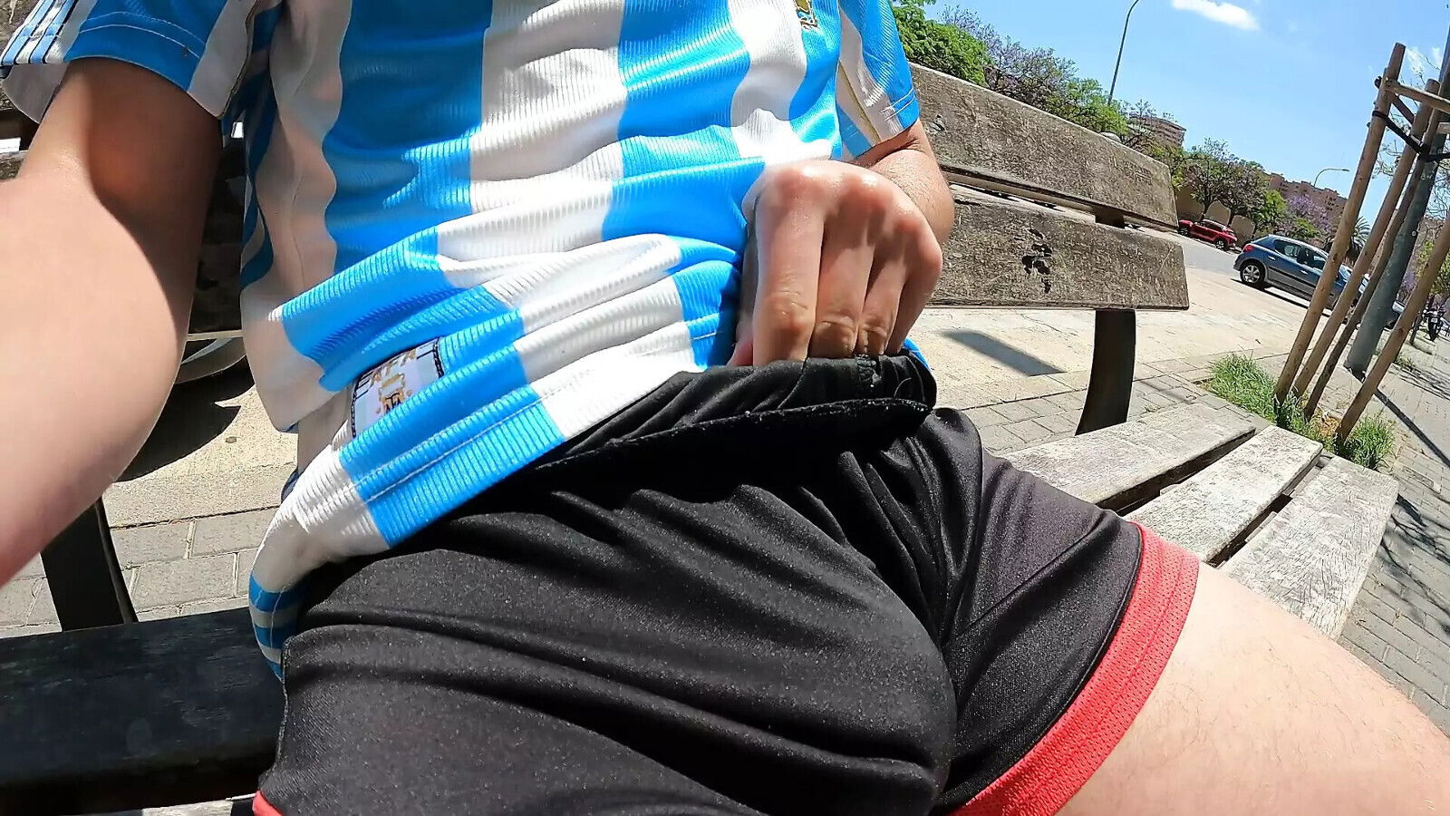 Bulging young moans with pleasure public park jerking summer handjob