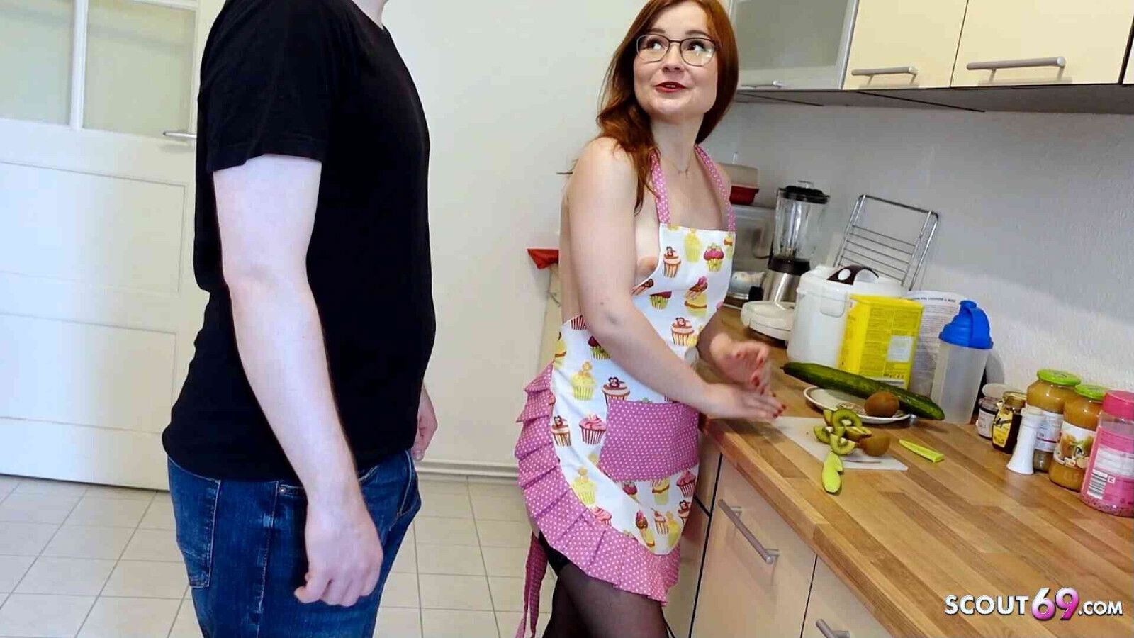 Redhead Step-Sister TinyEmily suprised with Creampie Dripping kitchen