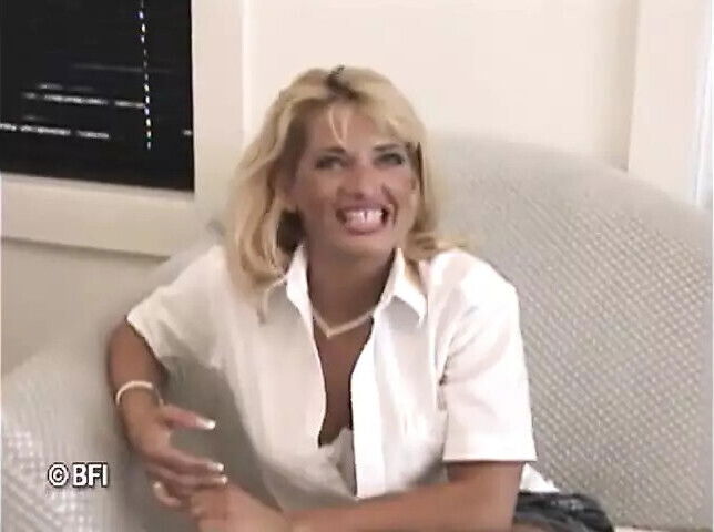 Blonde hairy pussy MILF masturbates with dildo then sucks