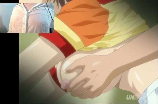 Girl watching hentai with wet tits masturbating