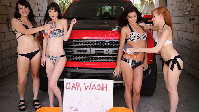 Car Wash! Chloe Skyy, Brooke Benson, Andi Page, & Lizzy Lamb - PublicHandjobs