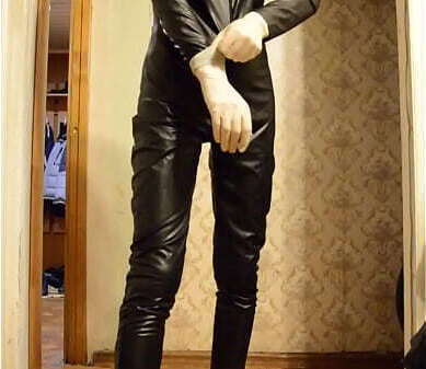 change into shiny black suit jerk