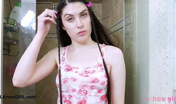 Gorgeous brunette model took shower