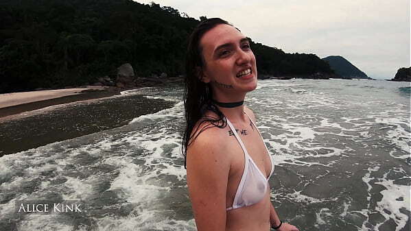 Alice taking micro bikini public beach