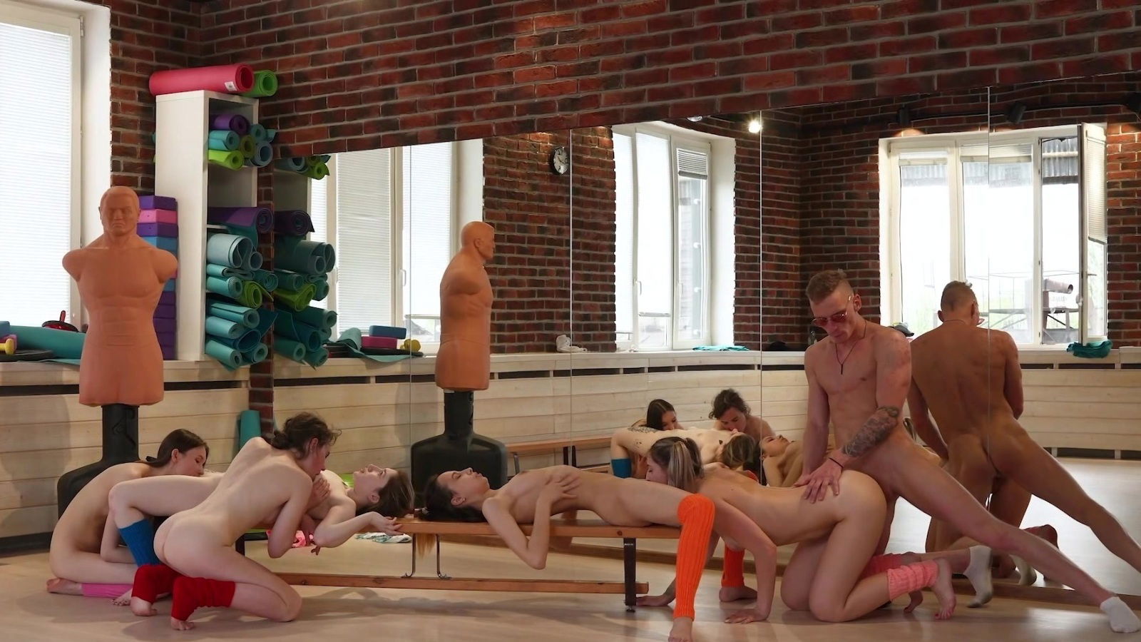 Five sporty young babes getting fucked their aerobics instructor