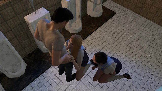Girls Stalk Bathroom Threesome