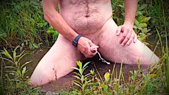 Risky walk jerk public path, naked after storm