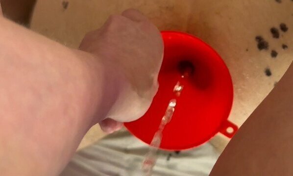 peed inside dirty obedient slut's gaping asshole through funnel