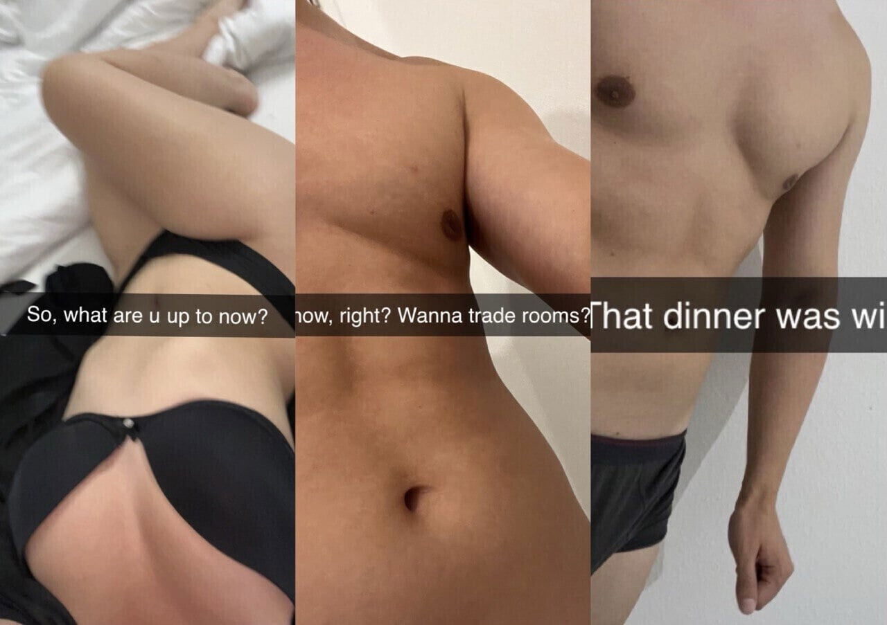 wife cheats husband with colleague, Alex, during business trip Snapchat.