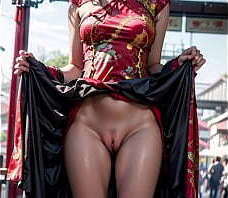 AI generated Chinese beauty in cheongsam showing pussy in public