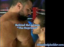 The bodybuilder super man showing his huge muscles &amp_ behind scenes of a muscle fantasy movie.
