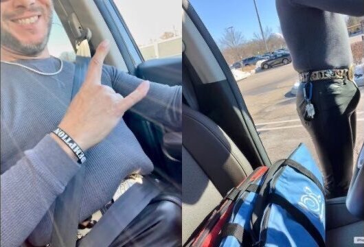 Driving parking grocery store while rubbing through tight leather pants