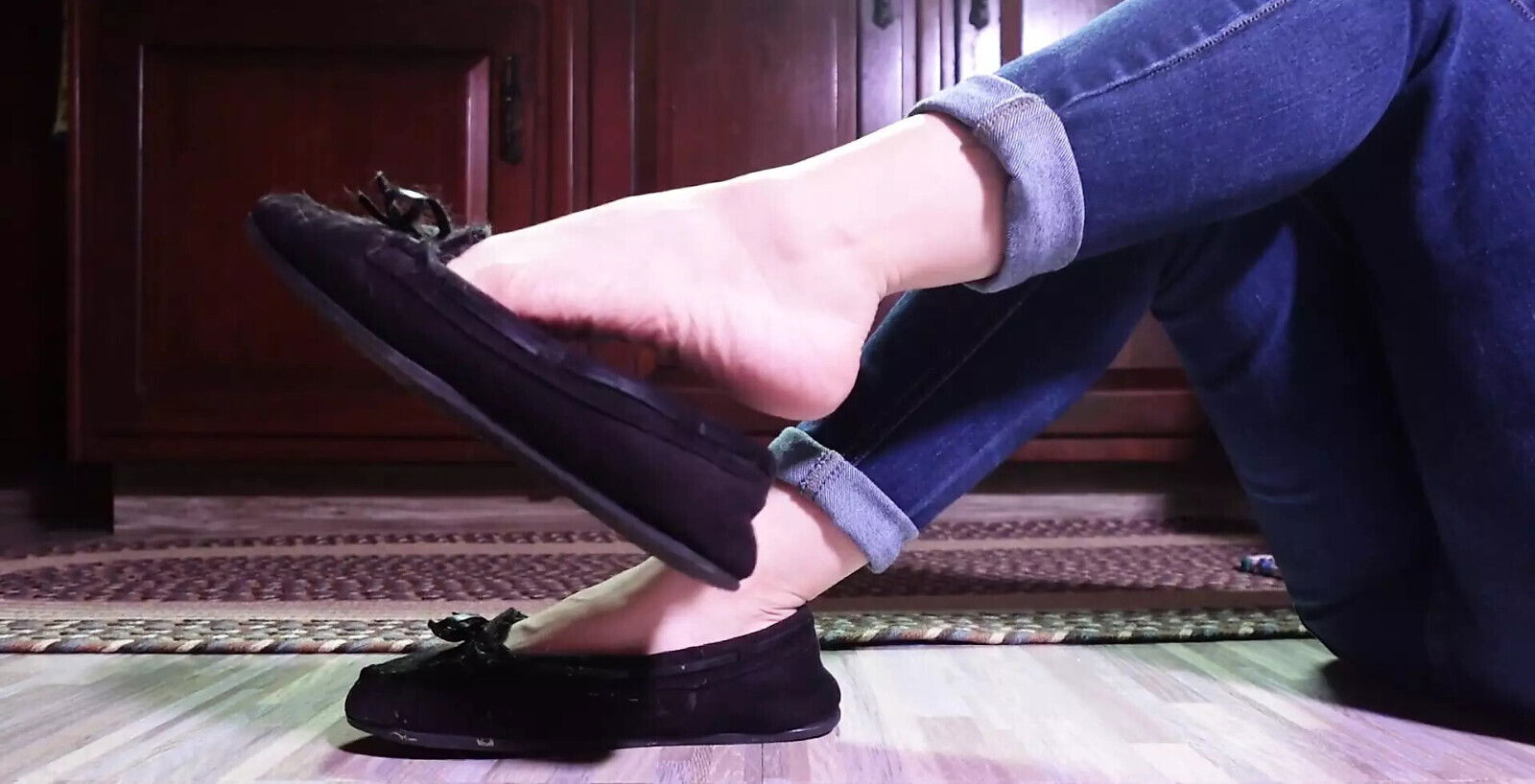 There Admire Dirty Hair Filled Slippers They Dangle Perfect Bare Sweaty Feet