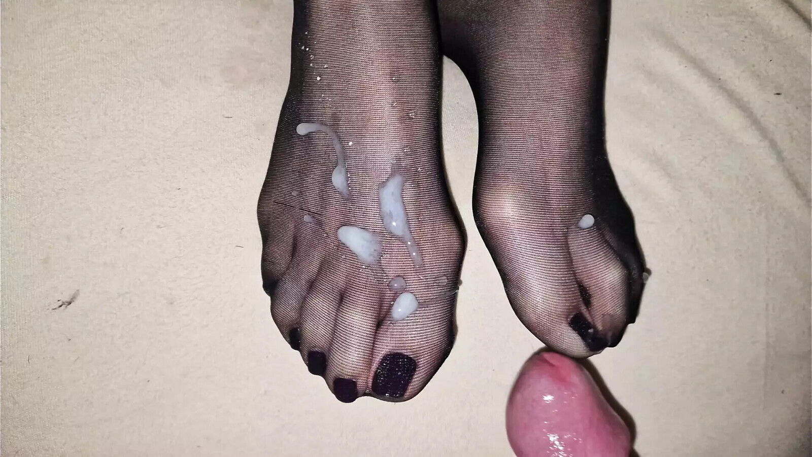 Shiny semen wife's black nylon feet black polish pedicure