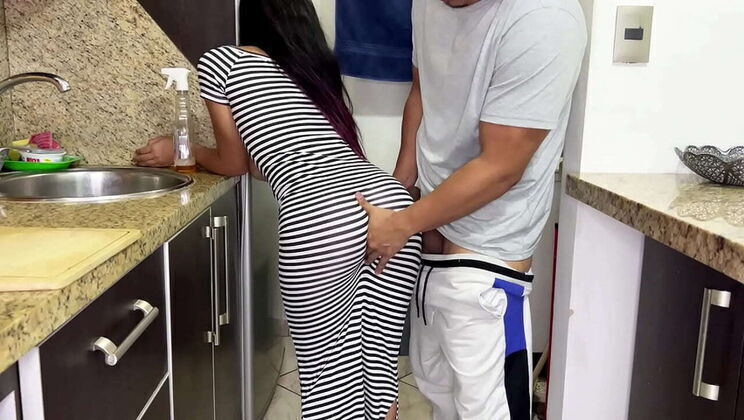 Stepdaughter Tight Dress Cleaning Kitchen with Taboo Scene